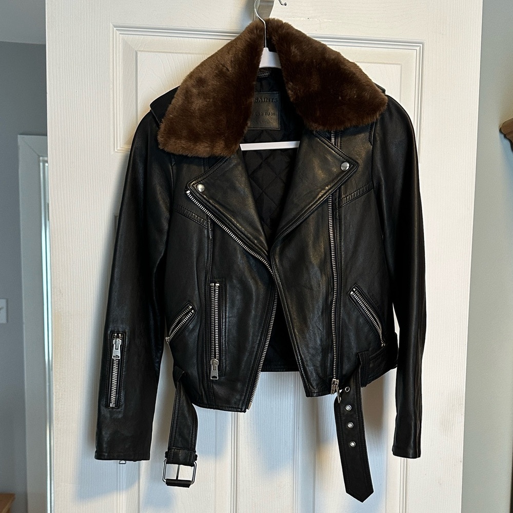 ALLSAINTS Rigby Lux Faux-Fur Trim Leather Biker Jacket